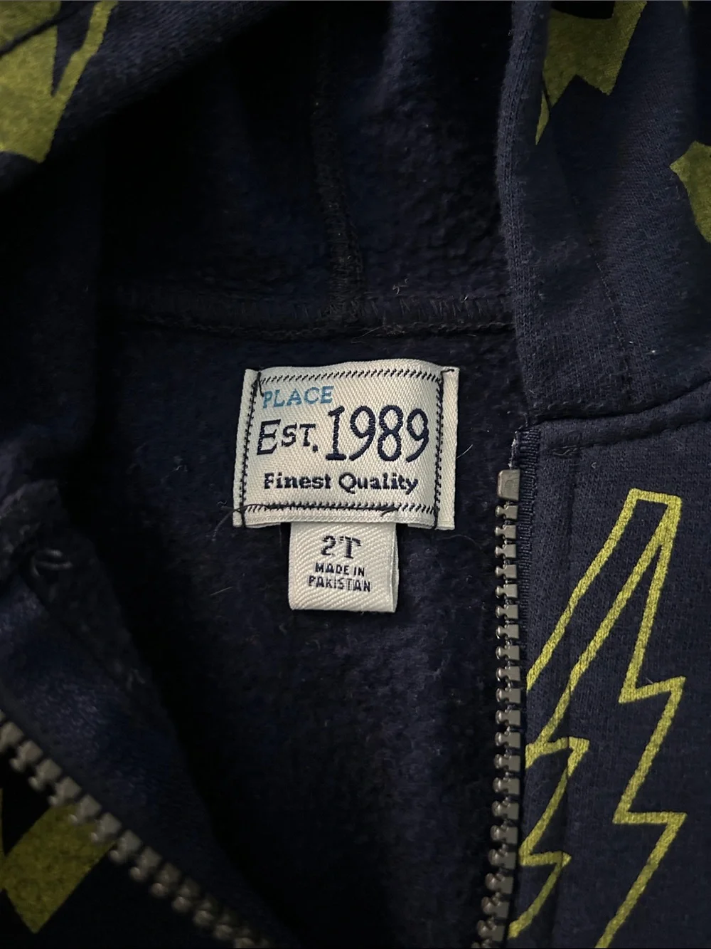 Children’s Place Navy Zip-Up Hoodie with Lime Lightning Pattern